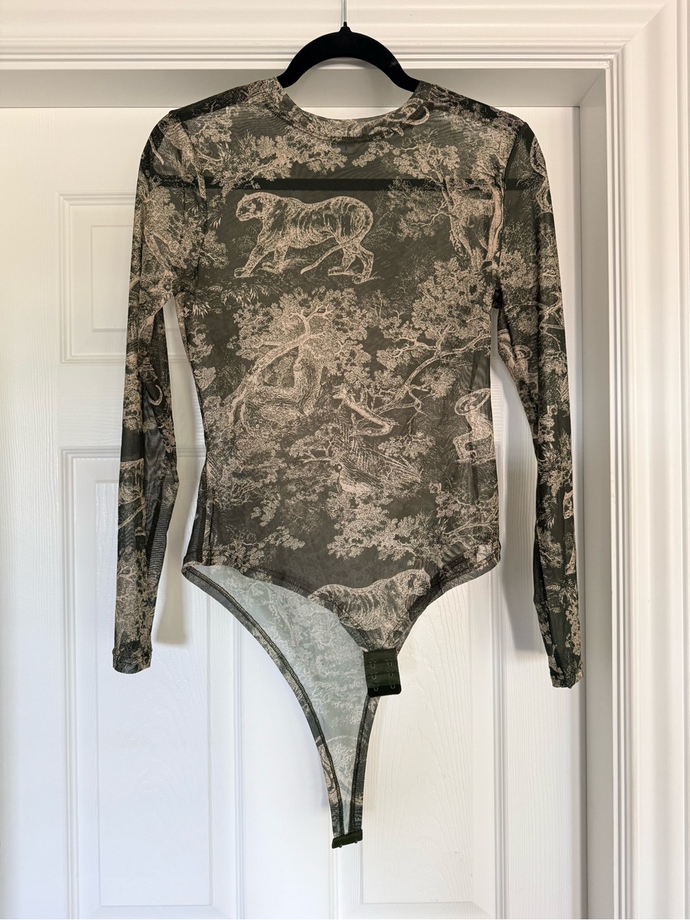 Sheer Olive Green Animal Print Long Sleeve Bodysuit